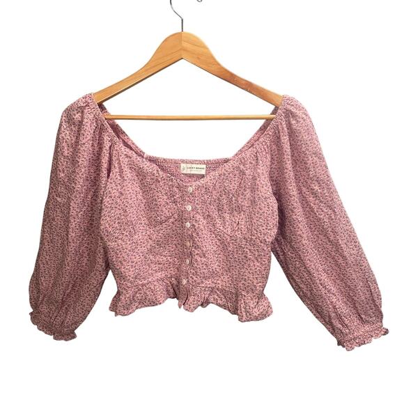 Lucky Brand Top Small Button Up Floral Long Sleeve Smocked Cottage Boho Peasant - Picture 1 of 14